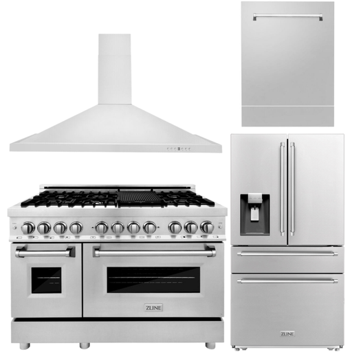 ZLINE Kitchen Appliance Packages ZLINE 4-Piece Appliance Package - 48 In. Gas Range, Range Hood, Refrigerator with Water and Ice Dispenser, and Dishwasher in Stainless Steel, 4KPRW-RGRH48-DWV