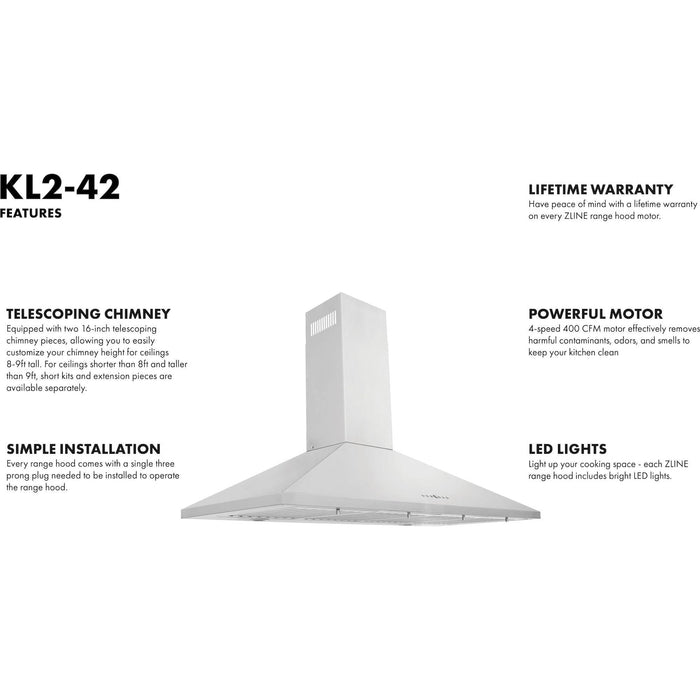 ZLINE 42 in. Convertible Vent Wall Mount Range Hood in Stainless Steel, KL2-42