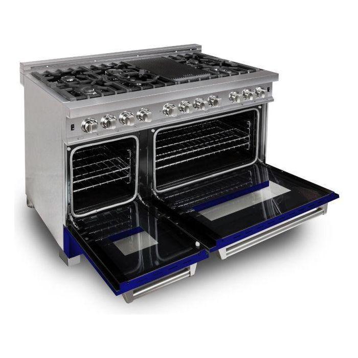 ZLINE 48" Dual Fuel Range with Blue Gloss Door & 48" Range Hood Appliance Package 2KP-RASBGRH48