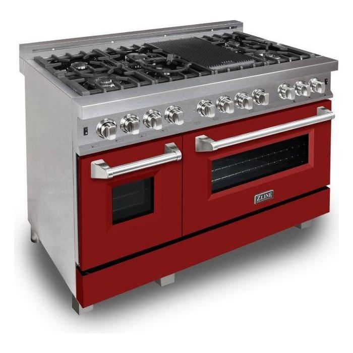 ZLINE 48" Dual Fuel Range with Red Matte Door & 48" Range Hood Appliance Package 2KP-RASRMRH48