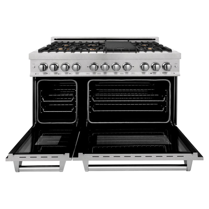 ZLINE 48 In. 6.0 cu. ft. Gas Burner, Electric Oven with Griddle and Brass Burners in DuraSnow® Stainless Steel, RAS-SN-BR-GR-48