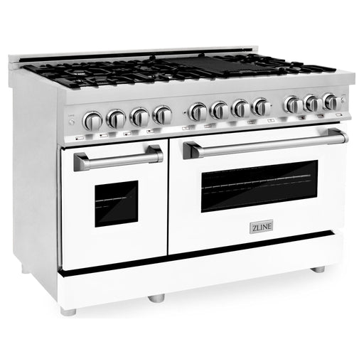 ZLINE 48 In. 6.0 cu. ft. Gas Burner, Electric Oven with Griddle and White Matte Door in DuraSnow® Stainless Steel, RAS-WM-GR-48