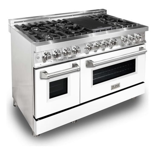 ZLINE 48 In. 6.0 cu. ft. Gas Burner, Electric Oven with Griddle and White Matte Door in Stainless Steel, RA-WM-GR-48