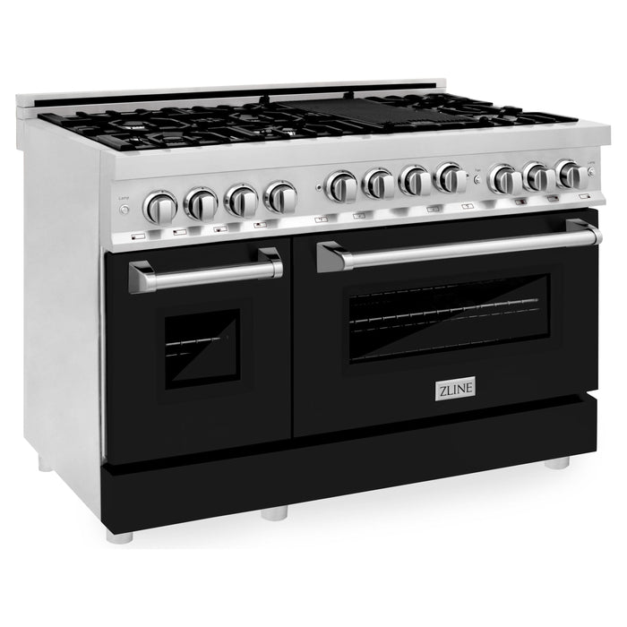 ZLINE Ranges ZLINE 48 In. 6.0 cu. ft. Range with Gas Stove and Gas Oven in DuraSnow® Stainless Steel with Black Matte Doors, RGS-BLM-48