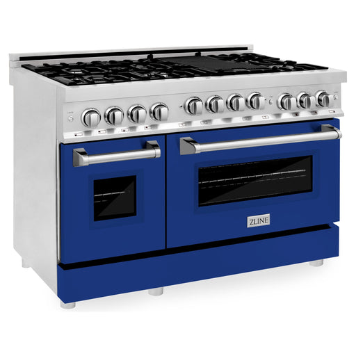 ZLINE Ranges ZLINE 48 In. 6.0 cu. ft. Range with Gas Stove and Gas Oven in DuraSnow® Stainless Steel with Blue Gloss Doors, RGS-BG-48