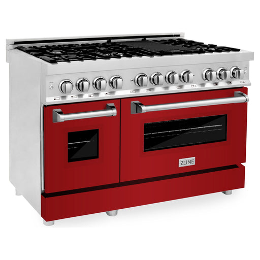 ZLINE Ranges ZLINE 48 In. 6.0 cu. ft. Range with Gas Stove and Gas Oven in DuraSnow® Stainless Steel with Red Gloss Doors, RGS-RG-48