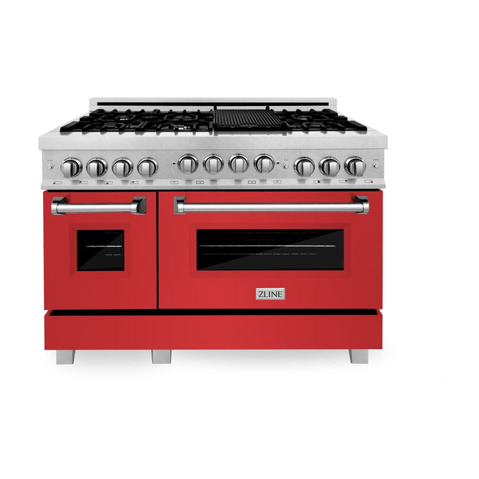 ZLINE 48 In. 6.0 cu. ft. Range with Gas Stove and Gas Oven in DuraSnow® Stainless Steel with Red Matte Doors, RGS-RM-48