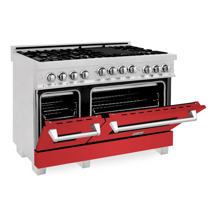 ZLINE 48 In. 6.0 cu. ft. Range with Gas Stove and Gas Oven in DuraSnow® Stainless Steel with Red Matte Doors, RGS-RM-48