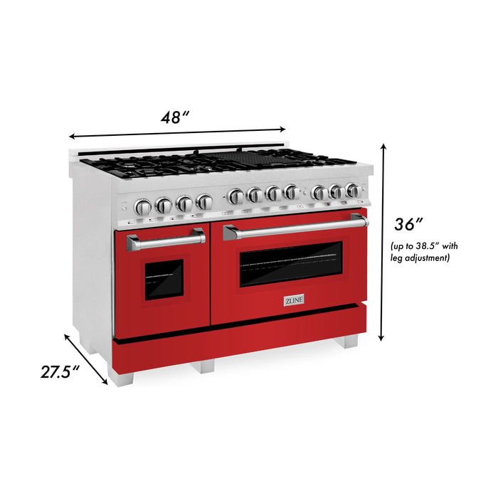 ZLINE Ranges ZLINE 48 In. 6.0 cu. ft. Range with Gas Stove and Gas Oven in DuraSnow® Stainless Steel with Red Matte Doors, RGS-RM-48