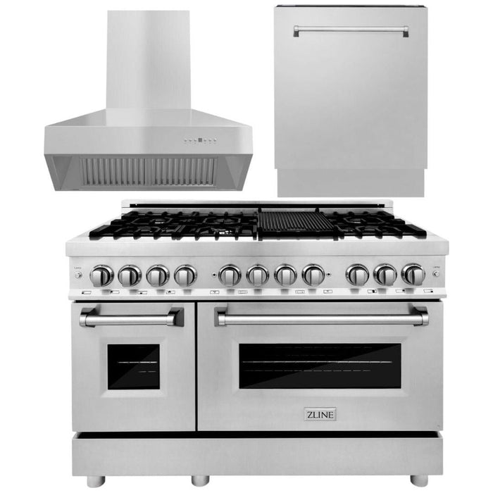 ZLINE 48 In. Dual Fuel Range, 700CFM Range Hood and 3 Rack Dishwasher Appliance Package 3KP-RARHC48-DWV