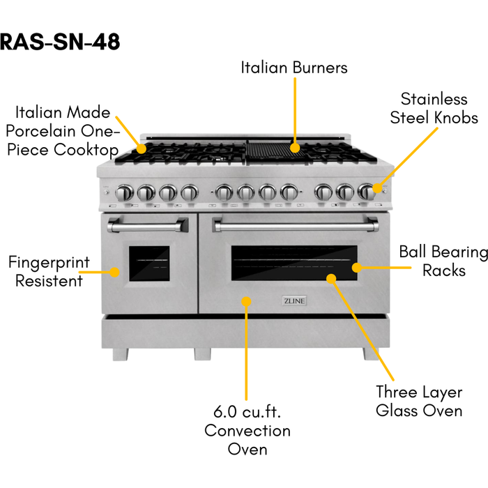 ZLINE 48 in. Dual Fuel Range and 48 in. Range Hood In DuraSnow Appliance Package 2KP-RASSNRH48