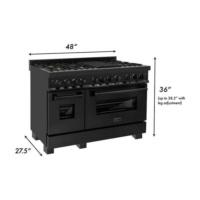 ZLINE 48 In. Dual Fuel Range In Black Stainless Steel & 48" Range Hood Appliance Package 2KP-RABRH48