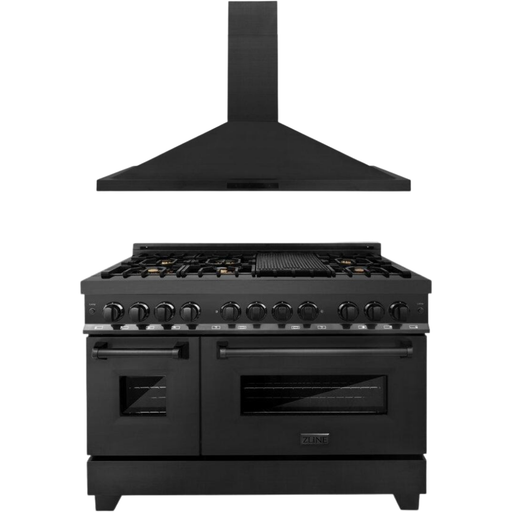 ZLINE 48 In. Dual Fuel Range In Black Stainless Steel & 48" Range Hood Appliance Package 2KP-RABRH48