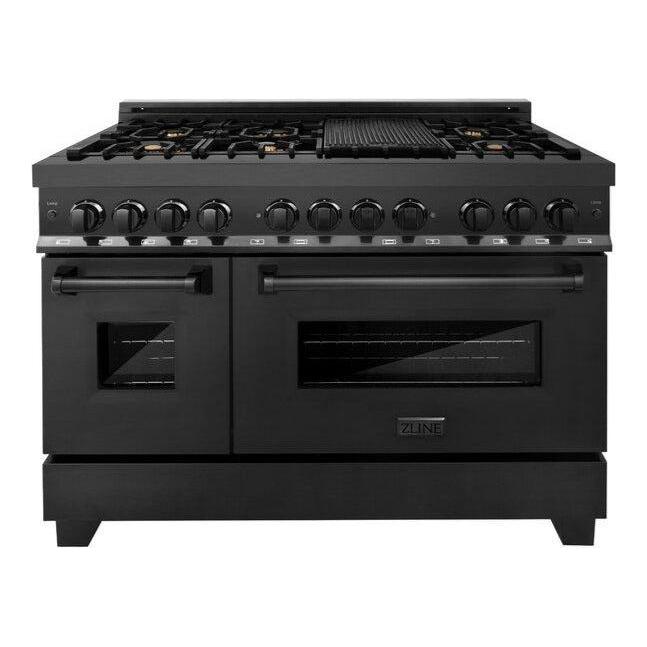 ZLINE 48 In. Dual Fuel Range In Black Stainless Steel & 48" Range Hood Appliance Package 2KP-RABRH48