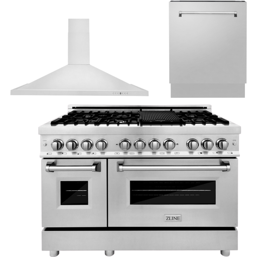 ZLINE 48 In. Dual Fuel Range, Range Hood and 3 Rack Dishwasher Appliance Package 3KP-RARH48-DWV