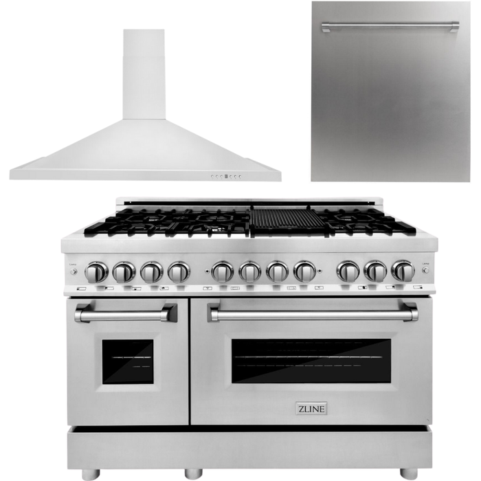 ZLINE 48 in. Dual Fuel Range, Range Hood and Dishwasher Appliance Package 3KP-RARH48-DW