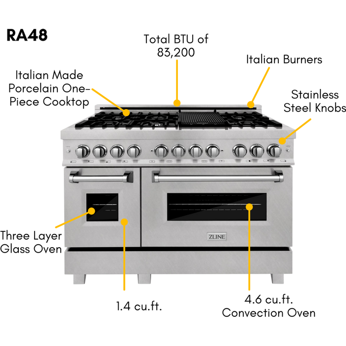 ZLINE 48 In. Dual Fuel Range, Range Hood, Microwave Drawer and 3 Rack Dishwasher Appliance Package 4KP-RARH48-MWDWV