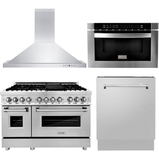 ZLINE 48 In. Dual Fuel Range, Range Hood, Microwave Drawer and 3 Rack Dishwasher Package AB-RA48-5