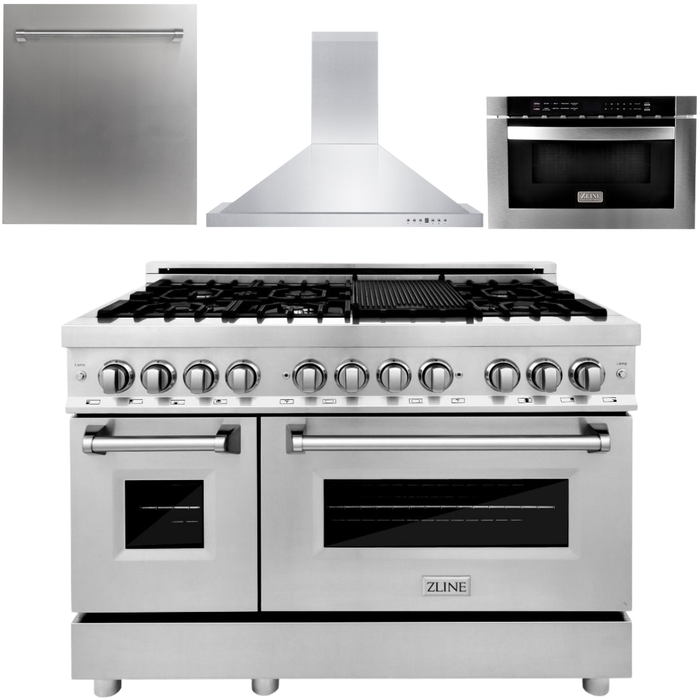 ZLINE 48 in. Dual Fuel Range, Range Hood, Microwave Drawer and Dishwasher Appliance Package