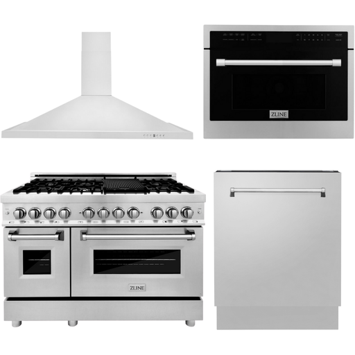 ZLINE 48 In. Dual Fuel Range, Range Hood, Microwave Oven and 3 Rack Dishwasher Appliance Package 4KP-RARH48-MODWV