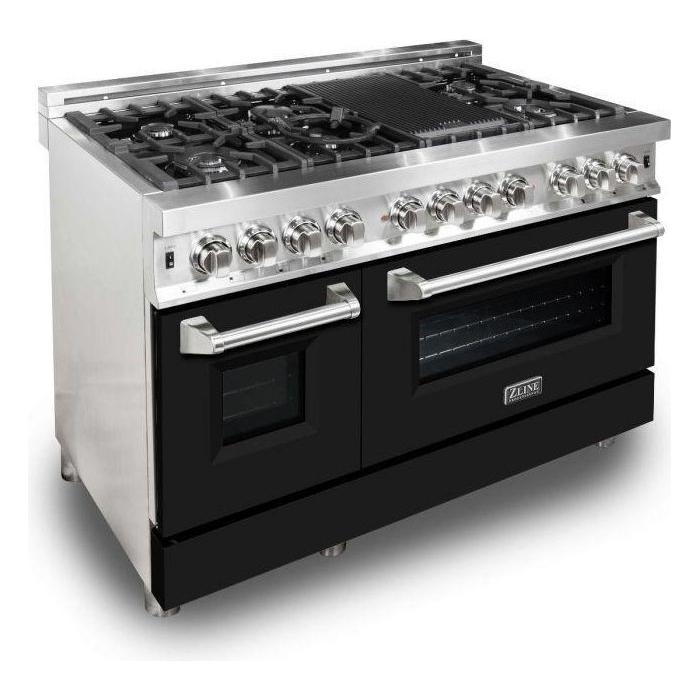 ZLINE 48 in. Dual Fuel Range with Black Matte Door and 48 in. Range Hood Appliance Package 2KP-RABLMRH48