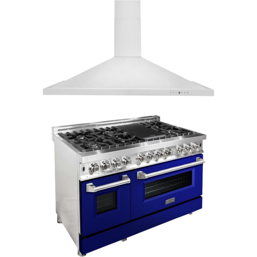 ZLINE Kitchen Appliance Packages ZLINE 48 in. Dual Fuel Range with Blue Gloss Door & 48 in. Range Hood Appliance Package 2KP-RABGRH48
