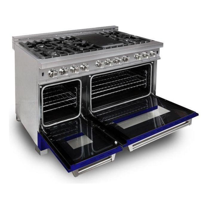 ZLINE 48 in. Dual Fuel Range with Blue Matte Door & 48 in. Range Hood Appliance Package 2KP-RASBMRH48