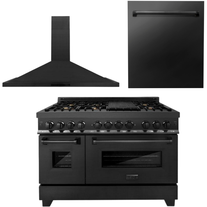 ZLINE 48 in. Dual Fuel Range with Brass Burners, Range Hood and Dishwasher Appliance Package In Black Stainless Steel 3KP-RABRH48-DW