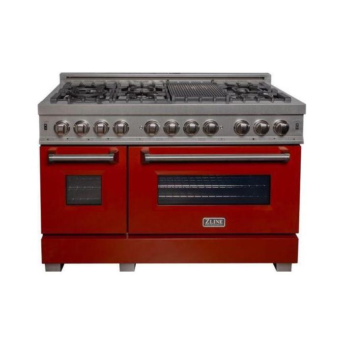 ZLINE 48 in. Dual Fuel Range with Red Gloss Door & 48 in. Range Hood Appliance Package 2KP-RASRGRH48