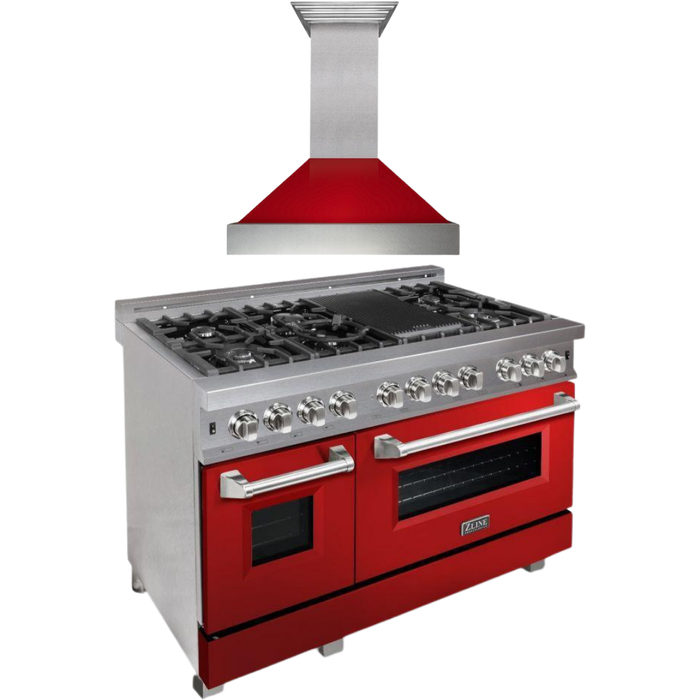 ZLINE 48 in. Dual Fuel Range with Red Gloss Door & 48 in. Range Hood Appliance Package 2KP-RASRGRH48