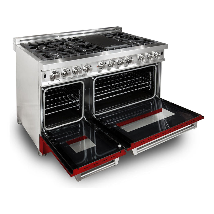 ZLINE 48 in. Dual Fuel Range with Red Gloss Door and 48 in. Range Hood Appliance Package 2KP-RARGRH48