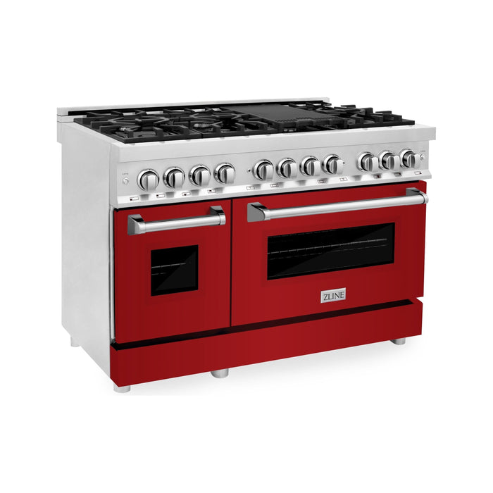 ZLINE 48 in. Dual Fuel Range with Red Gloss Door and 48 in. Range Hood Appliance Package 2KP-RARGRH48