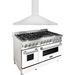 ZLINE 48 in. Dual Fuel Range with White Matte Door and 48 in. Range Hood Appliance Package 2KP-RAWMRH48