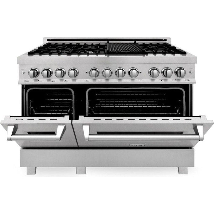 ZLINE 48 in. DuraSnow Stainless Dual Fuel Range, Ducted Vent Range Hood and Dishwasher Kitchen Appliance Package 3KP-RASRH48-DW