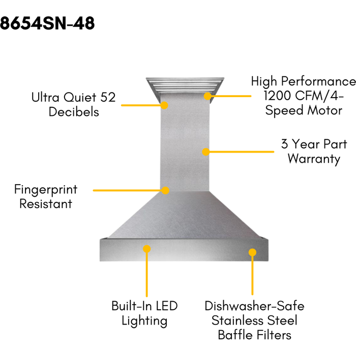 ZLINE 48 in. DuraSnow Stainless Dual Fuel Range, Ducted Vent Range Hood and Tall Tub Dishwasher Kitchen Appliance Package 3KP-RASRH48-DWV