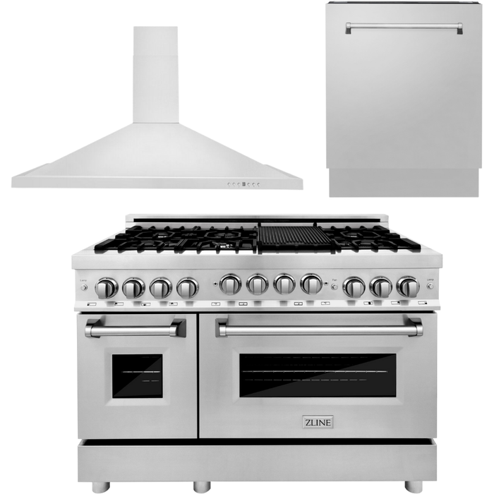 ZLINE 48 in. Gas Range, Range Hood and 3 Rack Dishwasher Appliance Package 3KP-RGRH48-DWV