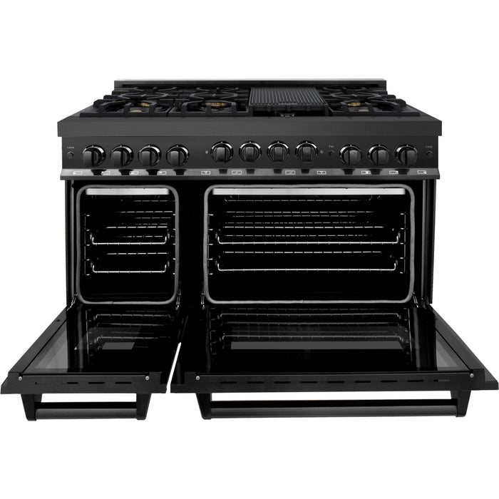 ZLINE 48 in. Gas Range, Range Hood and Dishwasher In Black Appliance Package 3KP-RGBRH48-DW