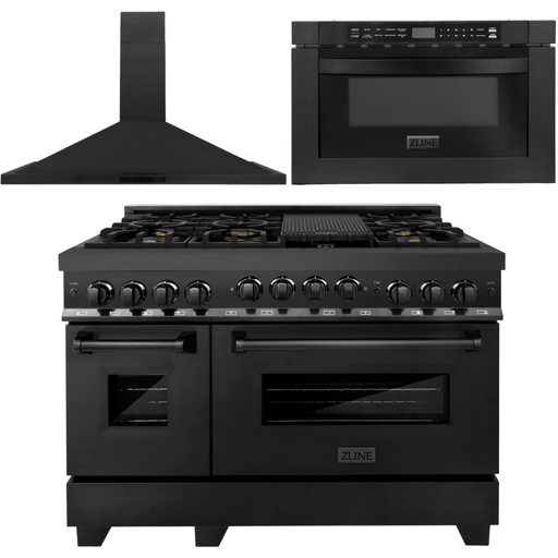 ZLINE Kitchen Appliance Packages ZLINE 48 in. Gas Range, Range Hood and Microwave Drawer in Black Appliance Package 3KP-RGBRH48-MW