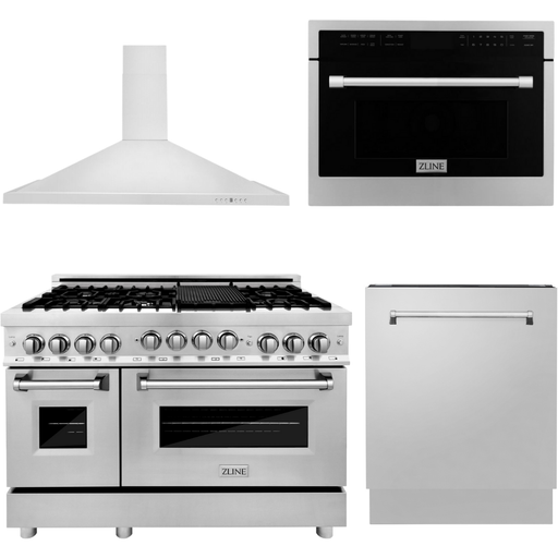 ZLINE 48 in. Gas Range, Range Hood, Microwave Oven and 3 Rack Dishwasher Appliance Package 4KP-RGRH48-MODWV