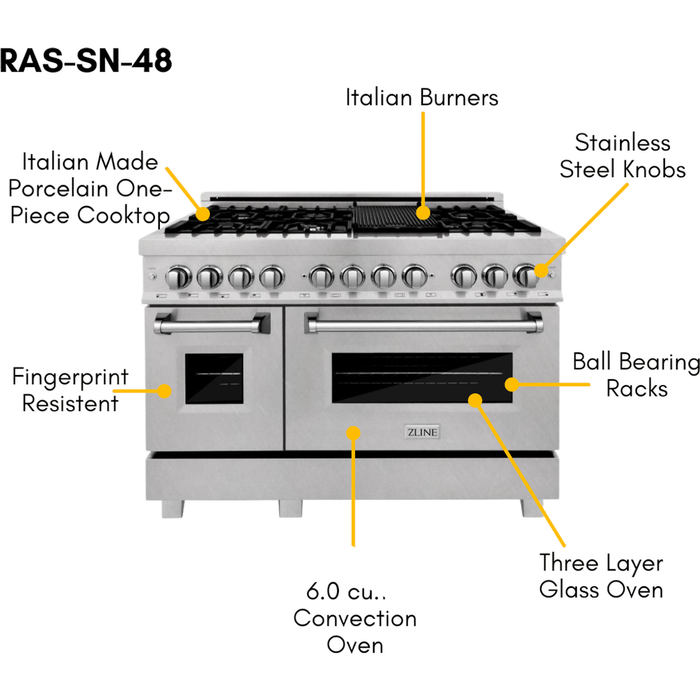 ZLINE 48 in. Professional Dual Fuel Range with Gas Burner and 6.0 cu.ft. Electric Oven In DuraSnow Stainless Steel RAS-SN-48