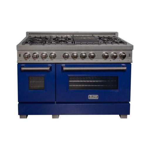 ZLINE 48 in. Professional Dual Fuel Range with Gas Burner and Electric Oven In DuraSnow Stainless Steel with Blue Gloss Door RAS-BG-48