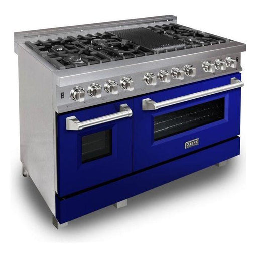 ZLINE 48 in. Professional Dual Fuel Range with Gas Burner and Electric Oven In DuraSnow Stainless Steel with Blue Gloss Door RAS-BG-48