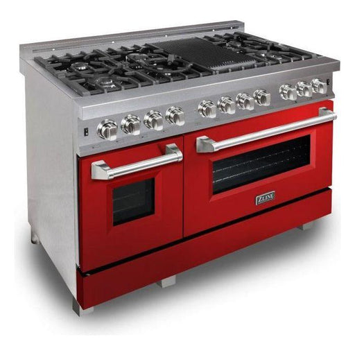 ZLINE 48 in. Professional Dual Fuel Range with Gas Burner and Electric Oven In DuraSnow Stainless Steel with Red Gloss Door RAS-RG-48