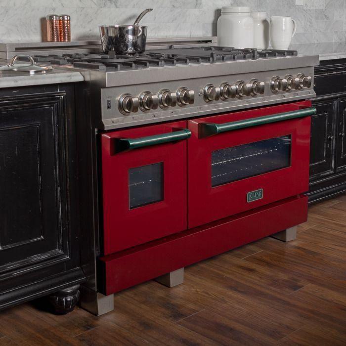 ZLINE 48 in. Professional Dual Fuel Range with Gas Burner and Electric Oven In DuraSnow Stainless Steel with Red Gloss Door RAS-RG-48