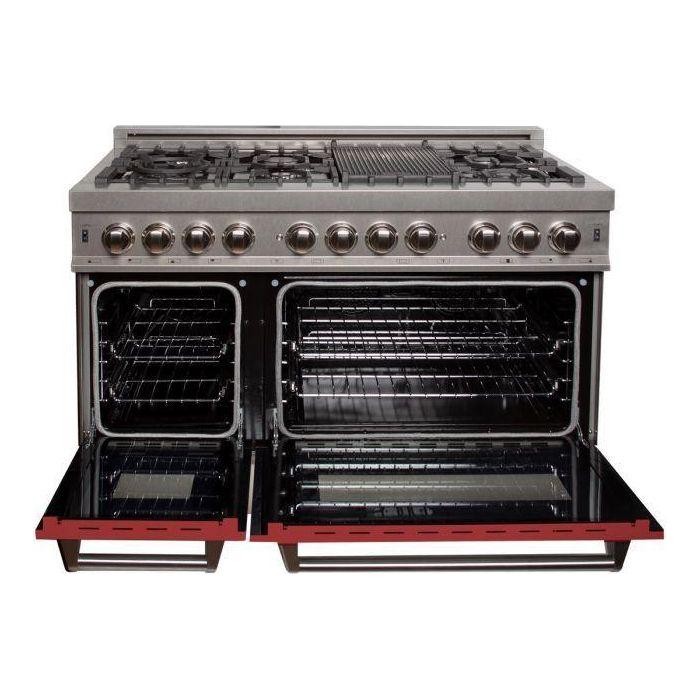 ZLINE 48 in. Professional Dual Fuel Range with Gas Burner and Electric Oven In DuraSnow Stainless with Red Matte Door RAS-RM-48