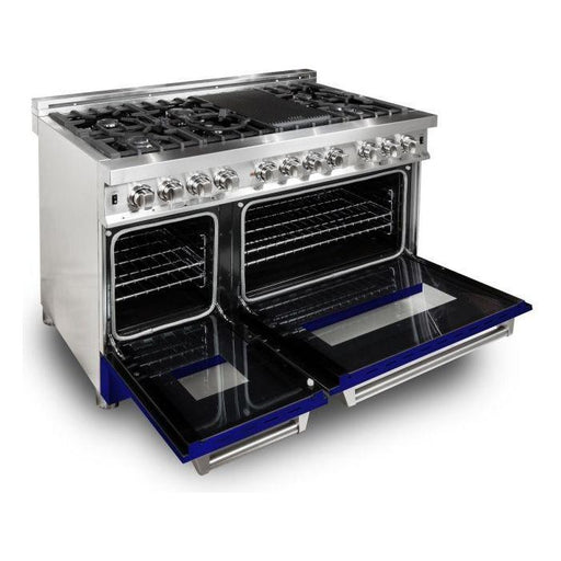 ZLINE Ranges ZLINE 48 in. Professional Dual Fuel Range with Gas Burner and Electric Oven In Stainless Steel with Blue Gloss Door RA-BG-48