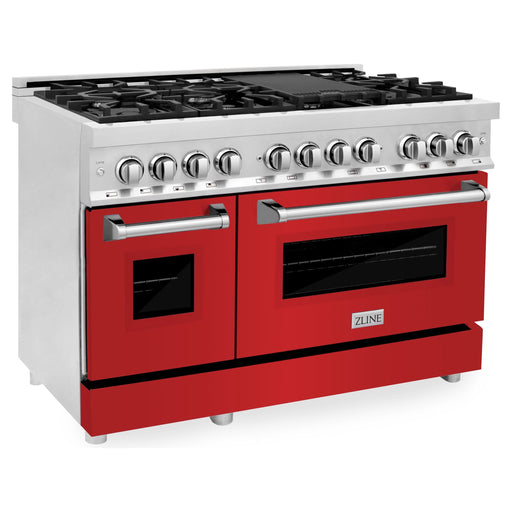 ZLINE Ranges ZLINE 48 in. Professional Dual Fuel Range with Gas Burner and Electric Oven In Stainless Steel with Red Matte Door RA-RM-48