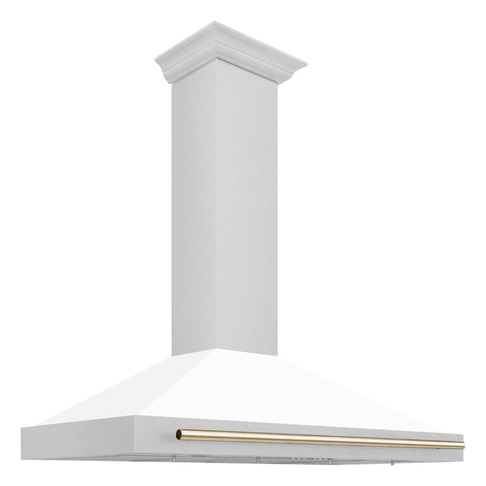 ZLINE 48 Inch Autograph Edition DuraSnow® Stainless Steel Range Hood with a White Matte Shell and Gold Handle, KB4SNZ-WM48-G