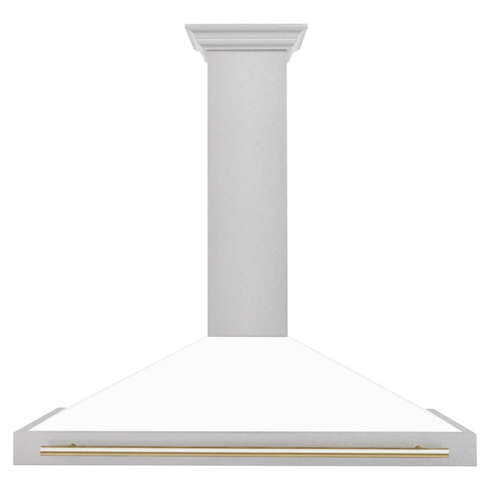 ZLINE 48 Inch Autograph Edition DuraSnow® Stainless Steel Range Hood with a White Matte Shell and Gold Handle, KB4SNZ-WM48-G