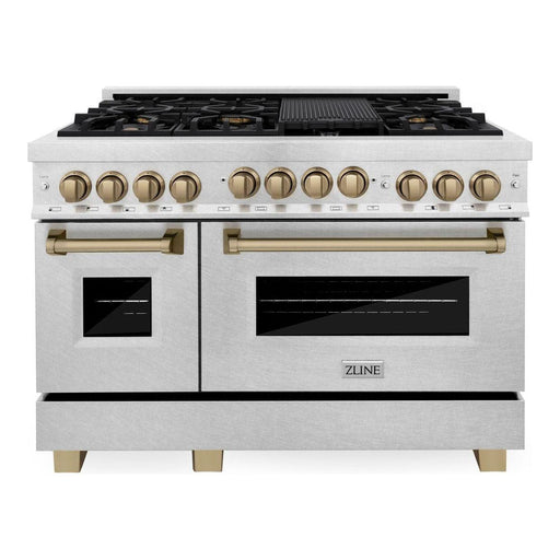 ZLINE 48 Inch Autograph Edition Gas Range in DuraSnow® Stainless Steel with Champagne Bronze Accents, RGSZ-SN-48-CB